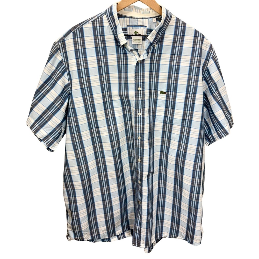 Lacoste Mens Size XLT Button Down Shirt Blue Plaid Classic Fit Short Sleeve